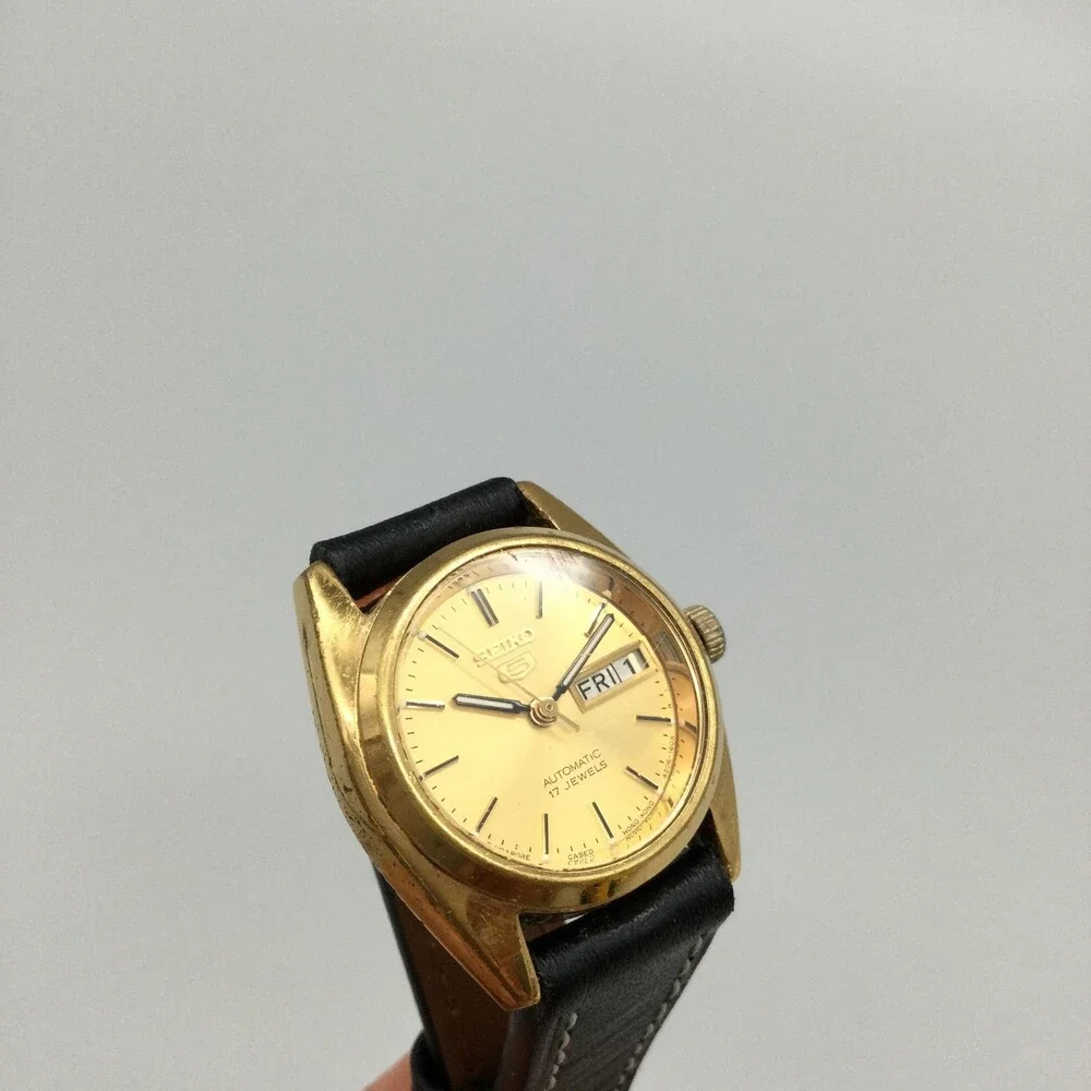 Vintage Seiko 5 Automatic 17j Womens Watch 23mm Gold Tone 4206-0339 Leather